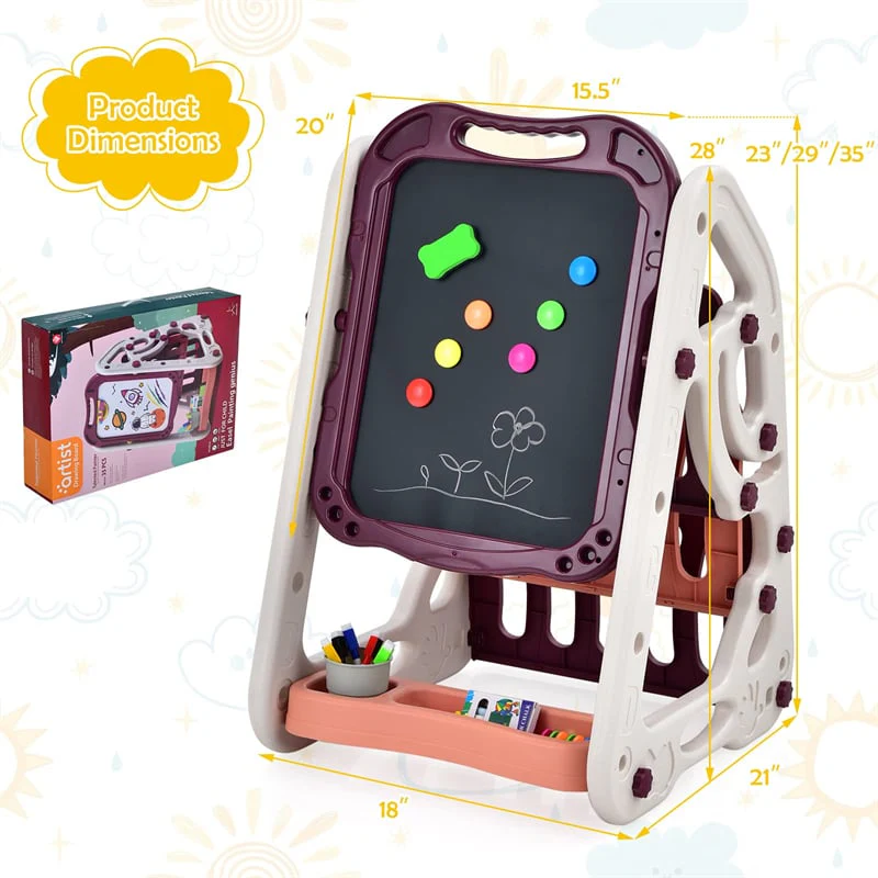 3-in-1 Kids Art Easel Double-Sided Magnetic Whiteboard & Chalkboard with Book Rack, Height Adjustable Standing Book Shelf Art Easel for Toddlers