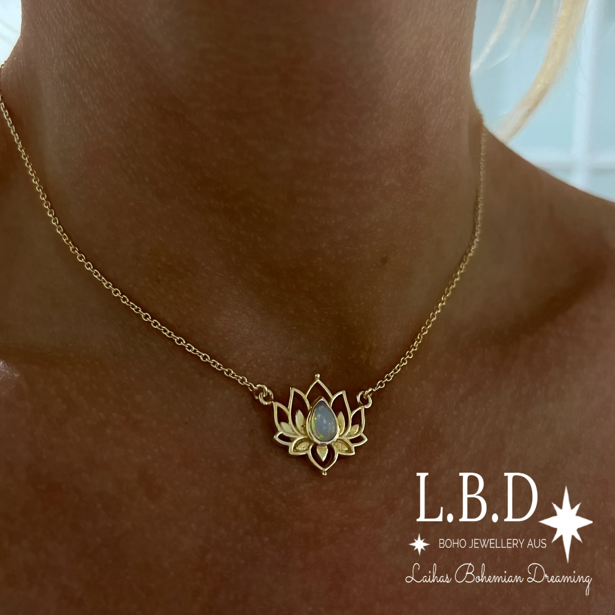 Laihas Lotus Flower Choker Style Opal Necklace-Gold