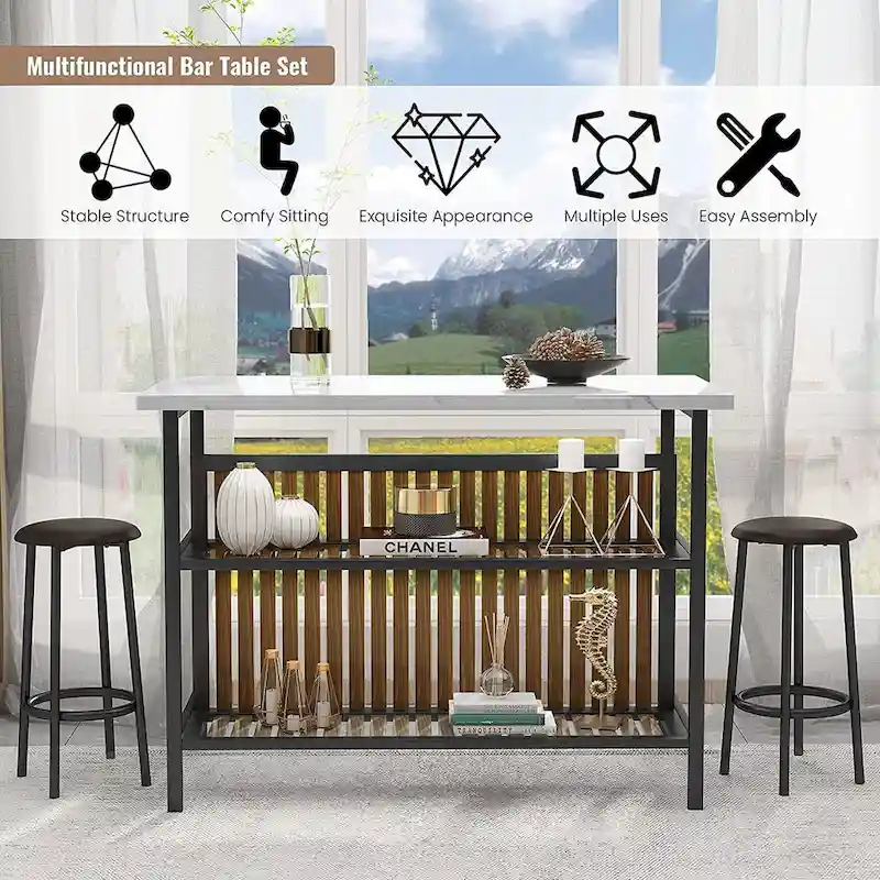 Kitchen Island with 2 Stools and Open Shelves