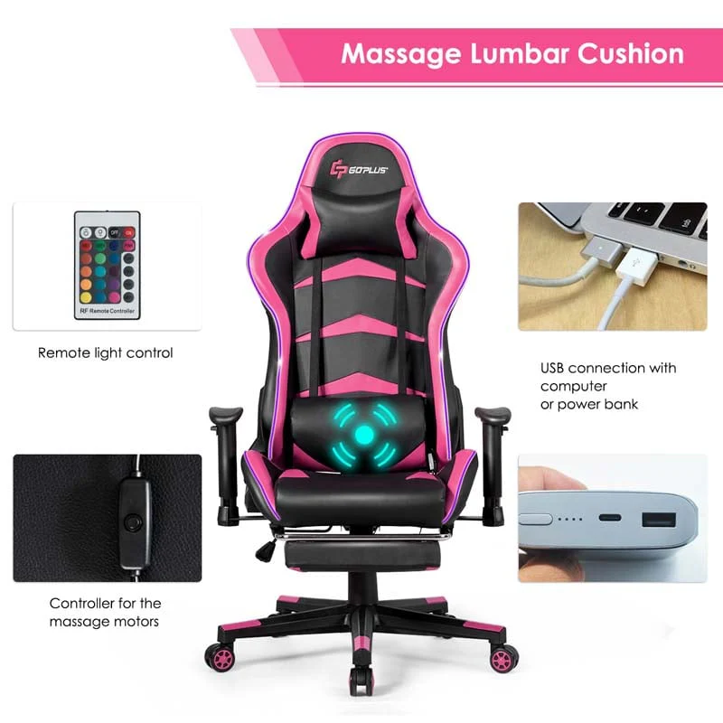 Led Massage Gaming Chair Height Adjustable Racing Computer Office Chair With Footrest Ergonomic High Back Pu Swivel Game Chair - Comfortable And Ergonomic Design