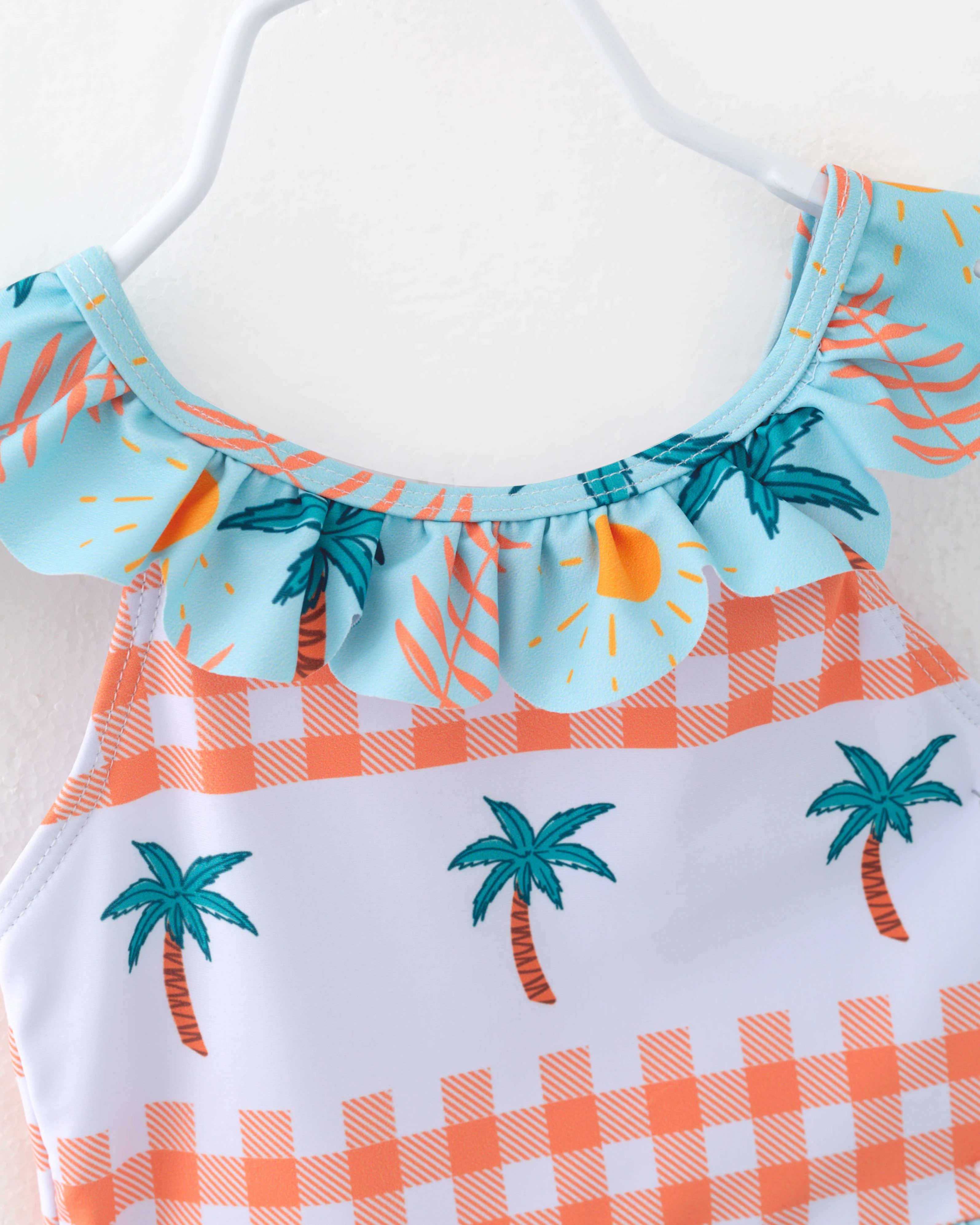 Girl Plaid Tropical Coconut Palm Ruffle One Piece Swimsuit
