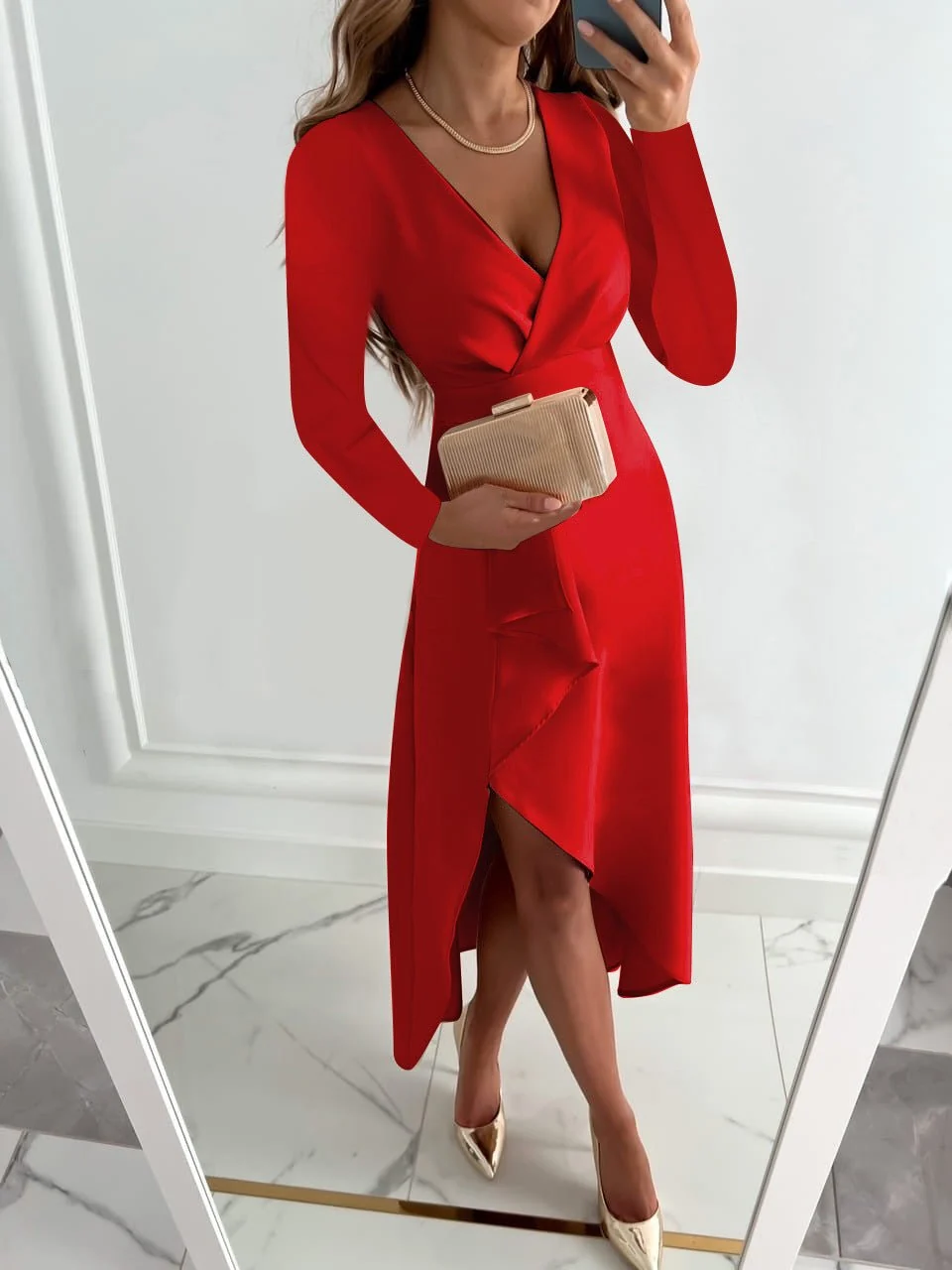 Women��s Elegant V Neck Midi Dress Summer Sheath Style