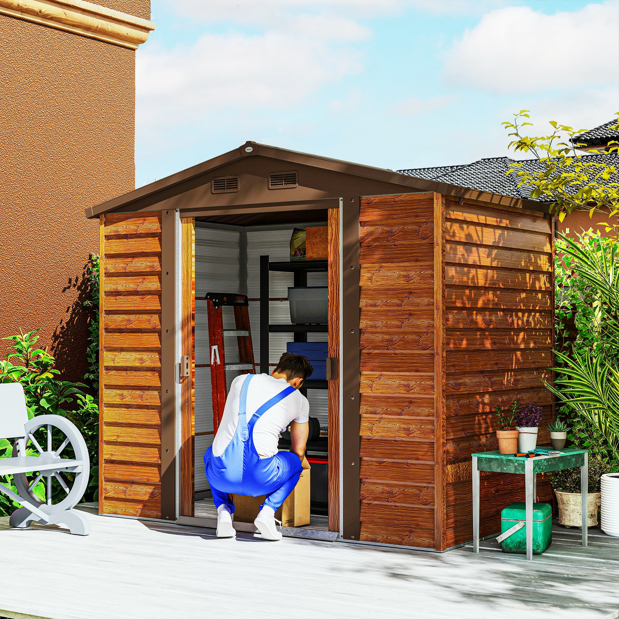 Outsunny Tuinschuur, gereedschapsschuur, tuinhuis met ramen, weerbestendig, houtlook, staal, 152 x 235,7 x 208,7 cm, Bruin
