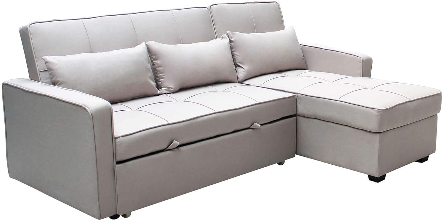 milani home Divano Letto con penisola per Salotto Soggiorno in Tessuto Tortora Moderno