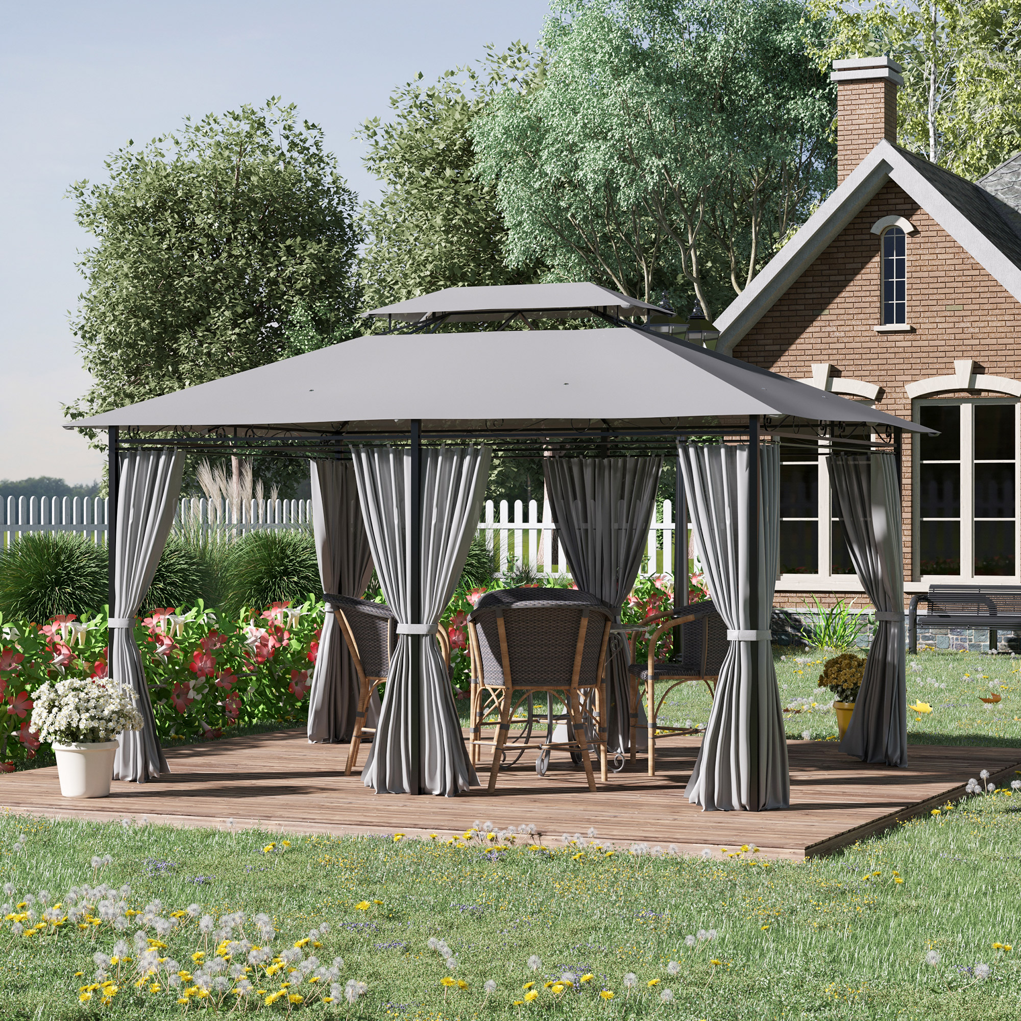Outsunny paviljoen partytent voor in de tuin partytent tuintent feesttent dubbel dak 3 x 4 m donkergrijs