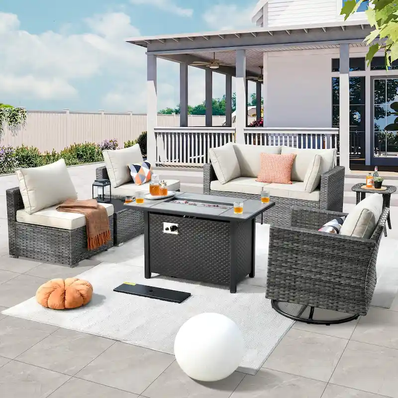 HOOOWOOO 8-piece Rattan Wicker Patio Furniture Set with Fire Pit