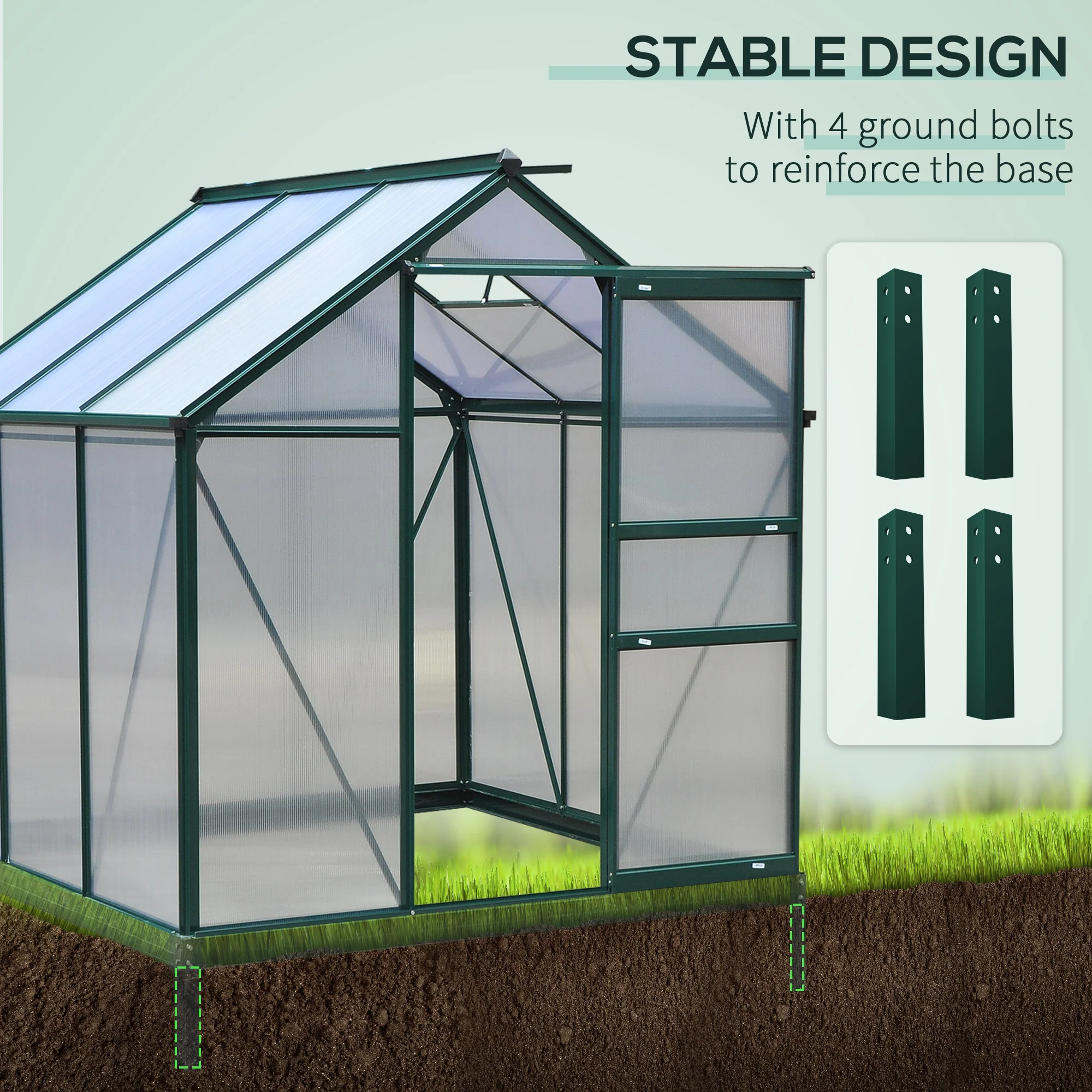 Outsunny aluminium kas met dakraam deur 190 x 192 x 201 cm, groen + transparant