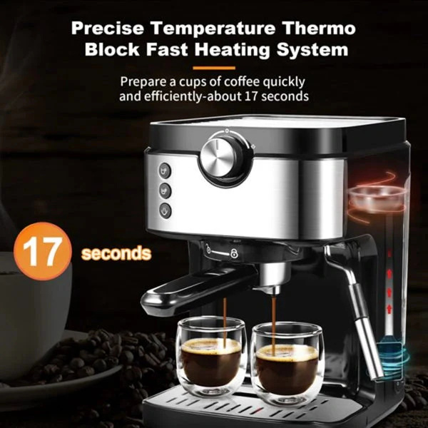 Steam Espresso Machine, Latte and Cappuccino Maker with Milk Frother, 20 Bar Italian Pump, Automatic Setting of Coffee Volume, 900ml Water Tank, Black Stainless, 1700W