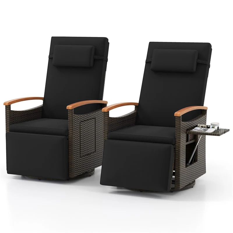 Outdoor Rattan 360° Swivel Recliner Chair, Patio Wicker Chaise Lounge Chair with Adjustable Backrest & Footrest, Flip Side Table & Cushions