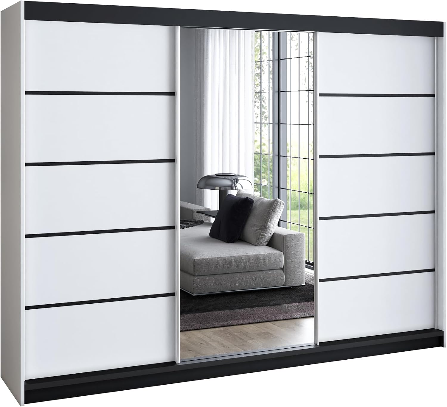 A&J MöbelLand Schwebetürenschrank VILUNO 4 Kleiderschrank 3-türig 200 cm mit Spiegel, 4 Schubladen & 2 Kleiderstangen, Geräumiger Schlafzimmerschrank (Weiß)