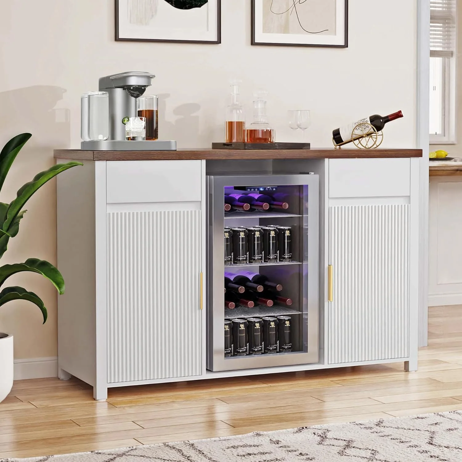 Large Coffee Bar Cabinet with Fridge Space, Mini Fridge Cabinet with Wine Storage