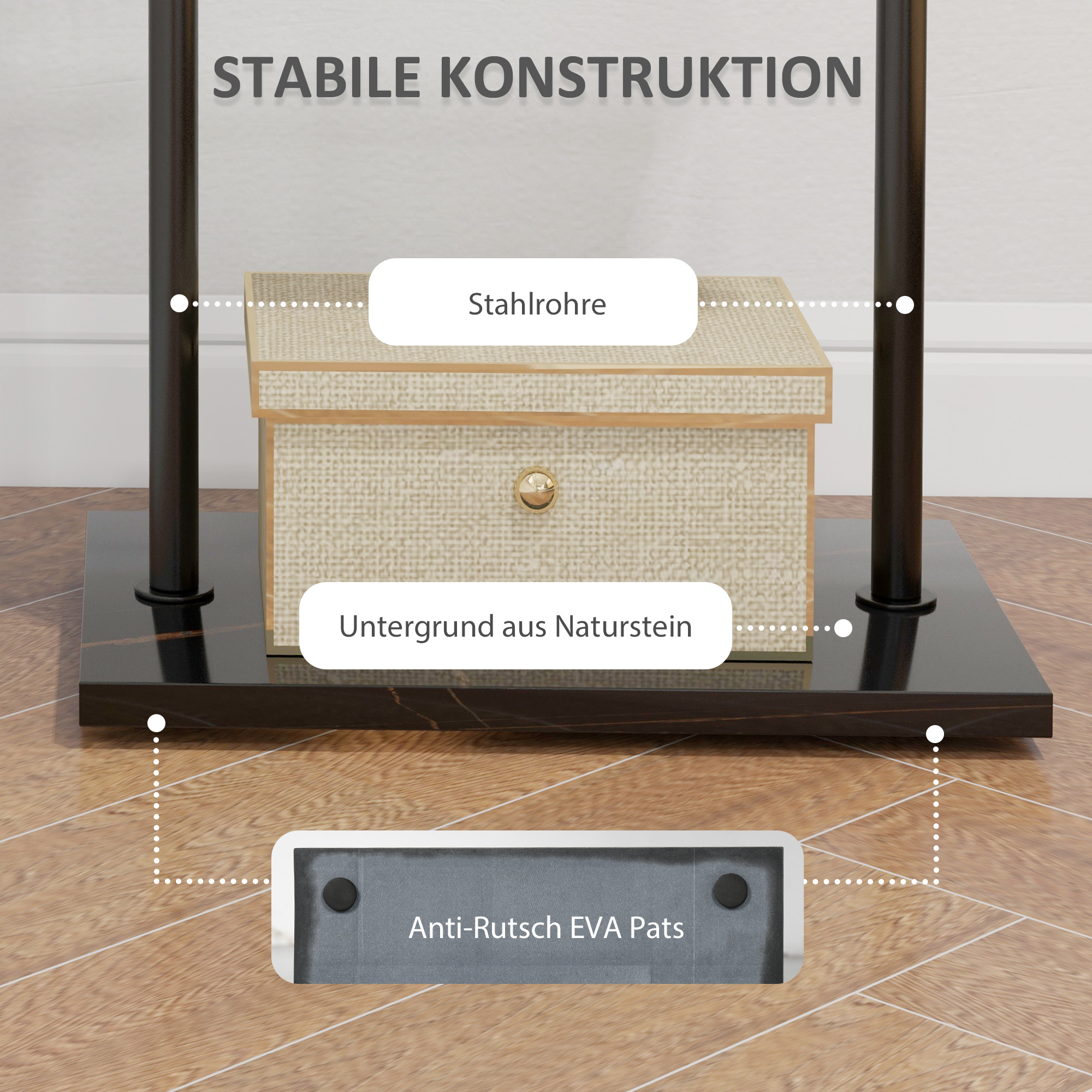 HOMCOM Kapstok met Kledingstang, 3 Haken, Opbergvak, Kunststeen Basis, Zwart