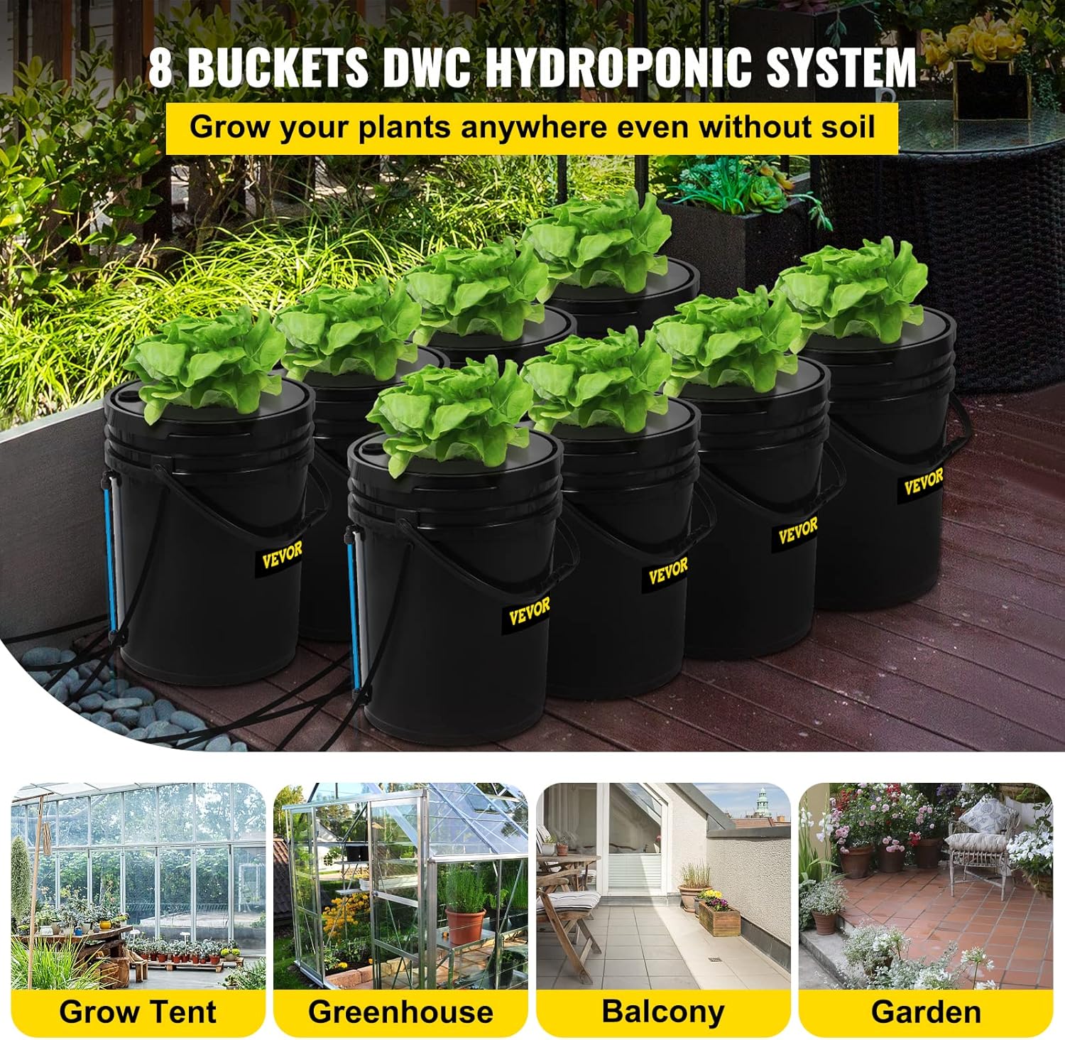 VEVOR DWC Hydroponic System  5 Gallon 8 Buckets  Deep Water Culture Growing Bucket  Hydroponics Grow Kit with Pump  Air Stone and Water Level Device  for Indoor/Outdoor Leafy Vegetables