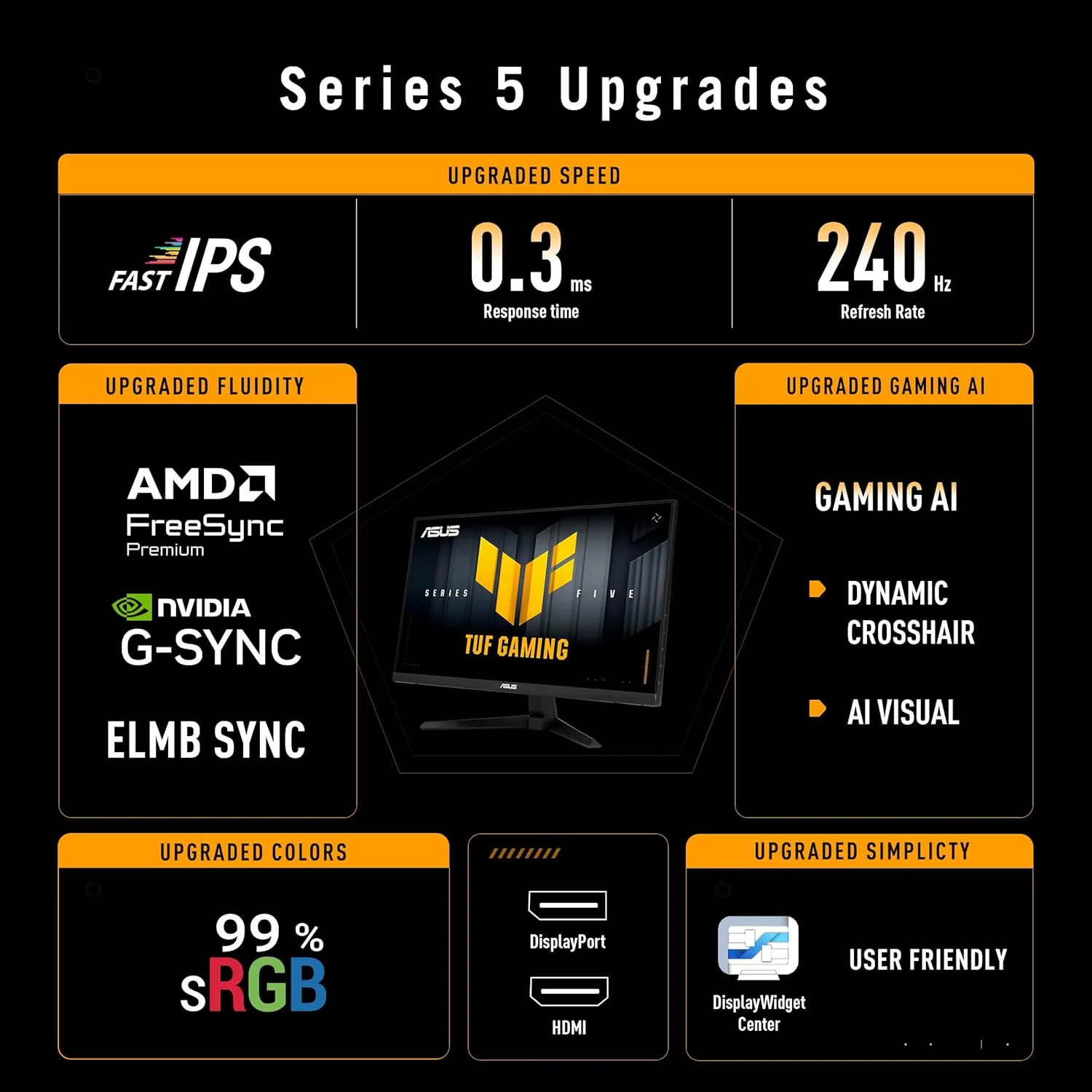 ASUS TUF Gaming Series 5 24” 1080P gaming monitor (VG249QM5A) – Full HD, Fast-IPS, 240 Hz, 0,3 ms, G-SYNC kompatibilis, FreeSync Premium, Extreme Low Motion Blur Sync, 99% sRGB, Gaming AI, 3 év garancia