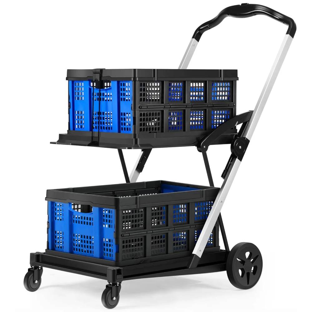 Rengue Grocery Shopping Cart with 2 Removable Baskets for Shopping, Picnic (Blue)