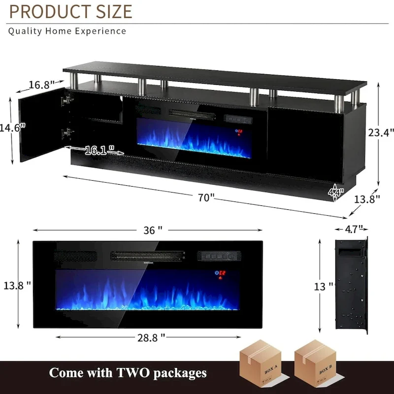 70 TV Stand with 36 Fireplace and Adjustable Shelves