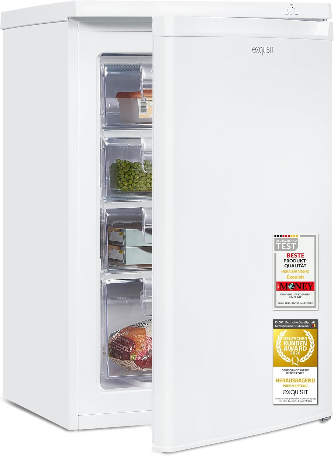 Exquisit Gefrierschrank | 91 l Nutzinhalt, Energieeffizienzklasse E, 40 dB(A) | kompakte Bauform, 4-Sterne-Gefrieren, manuelle Temperaturregelung, wechselbarer Türanschlag | GS512-040E weiss
