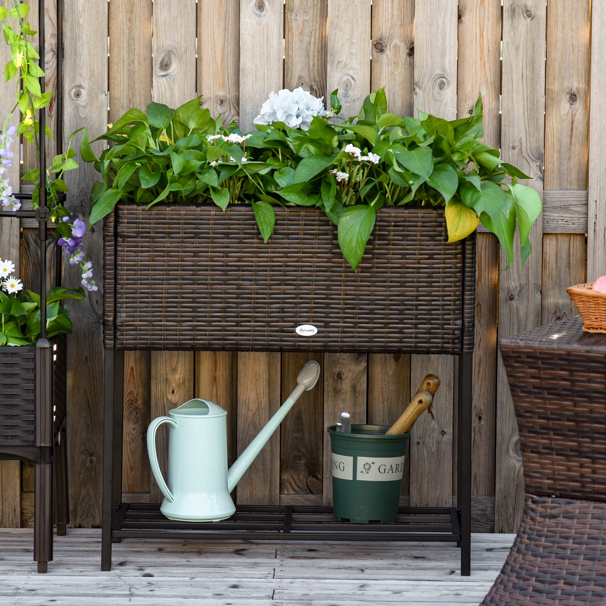 Outsunny Poly rotan bloembak met verhoogd bed en poten Bloempot met plank bruin 70 x 30 x 72 cm