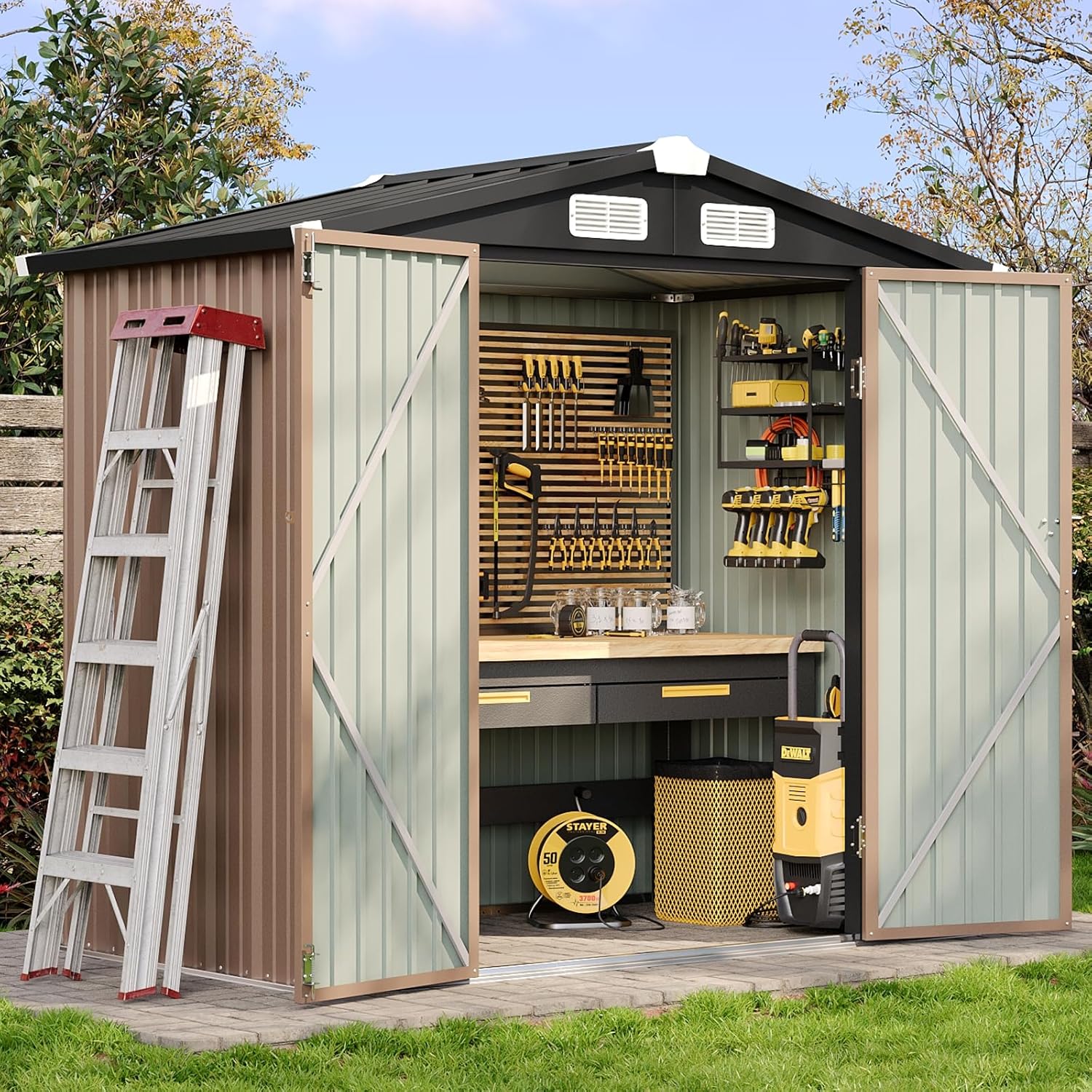 Aoxun 6.2x4 FT Shed Outdoor Storage Shed with Lockable Doors & Slooping Roof Metal Garden Tool Shed for Backyard  Patio  Poolside (Brown)