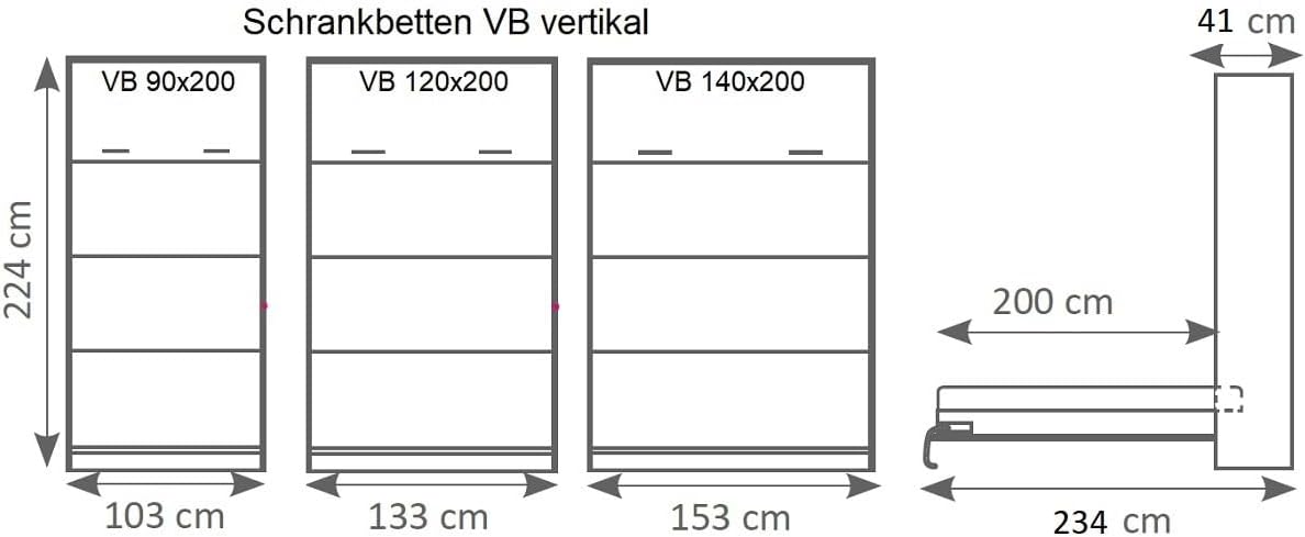 Schrankbett Wandbett Wandklappbett vertikal VB 140x200 mit Lattenrost und 2 Schränken weiß, Eiche Sonoma Lancelot schwarz Schlafzimmer Set neu (Weiß Hochglanz (Fronten))