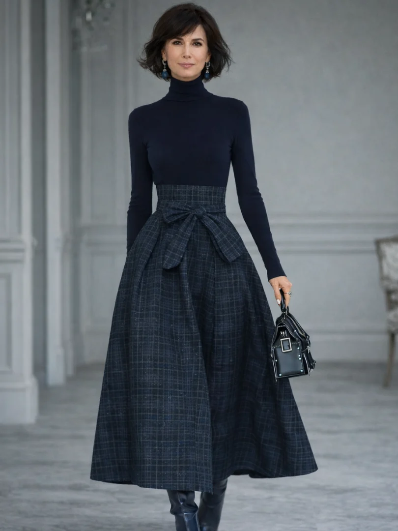 Women��s Knit Top and Plaid Maxi Skirt Set with Belted Waist