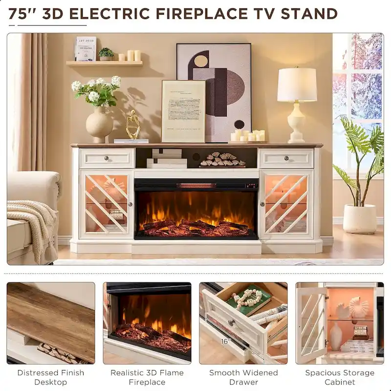 Farmhouse TV Stand with 3-Sided Fireplace, Entertainment Center