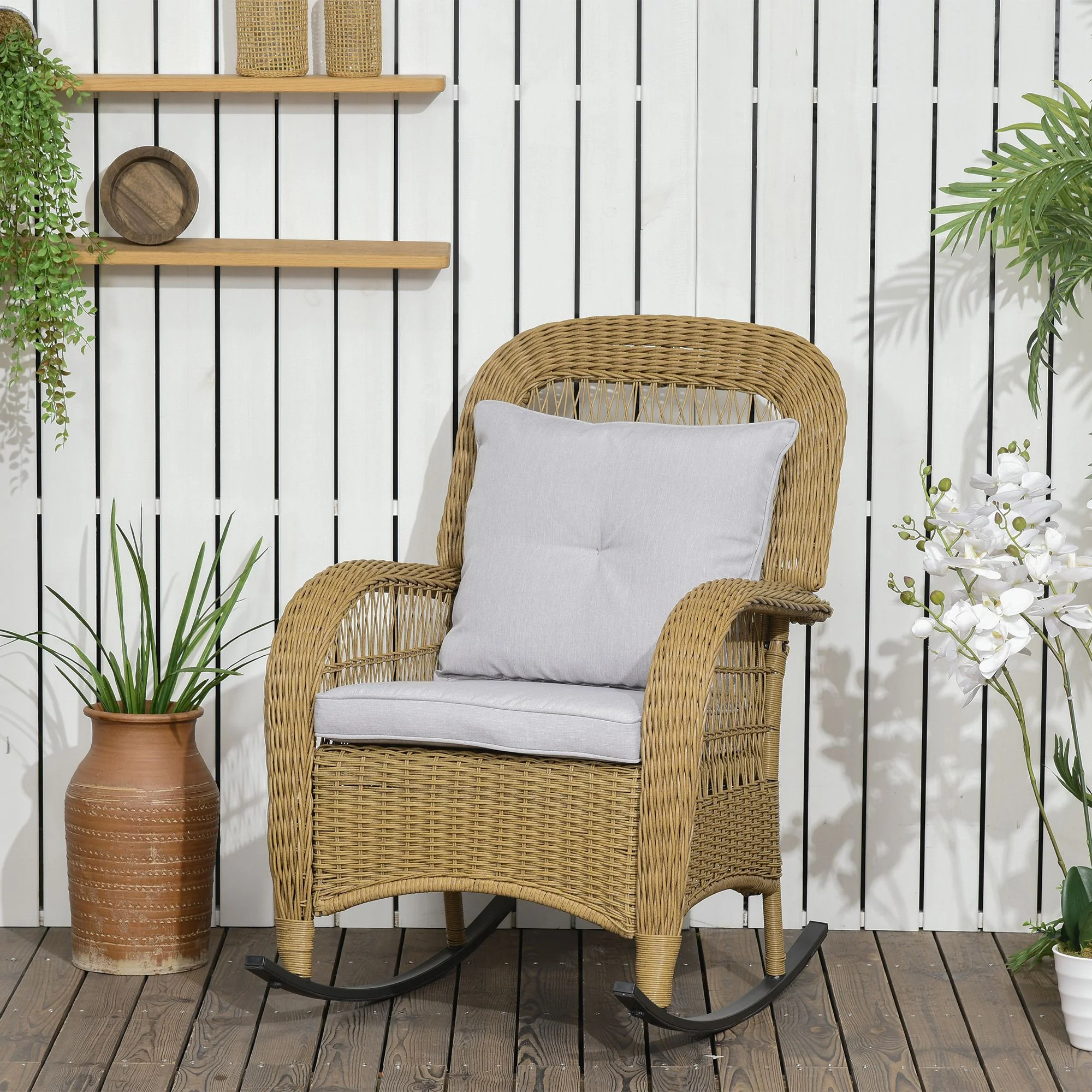 Outsunny schommelstoel in boho-stijl, PE-rotan, rotan schommelstoel, wasbare meubelhoezen, naturel + lichtgrijs