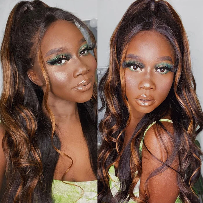 1B/30 Auburn Brown Highlight Body Wave Lace Front Human Hair Wigs For Women