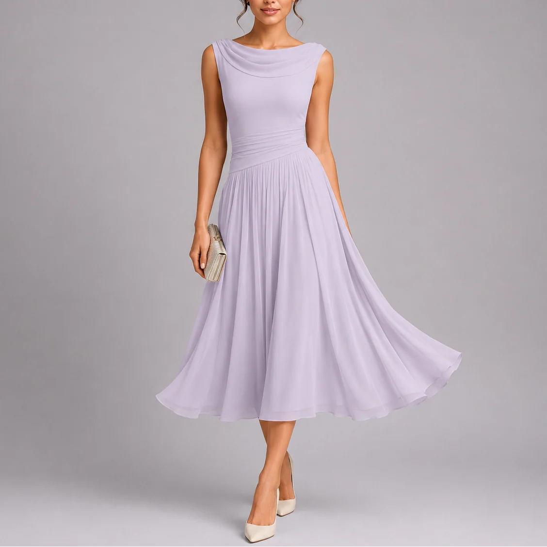 Womena??s Elegant Pleated Midi Dress with Draped Neckline