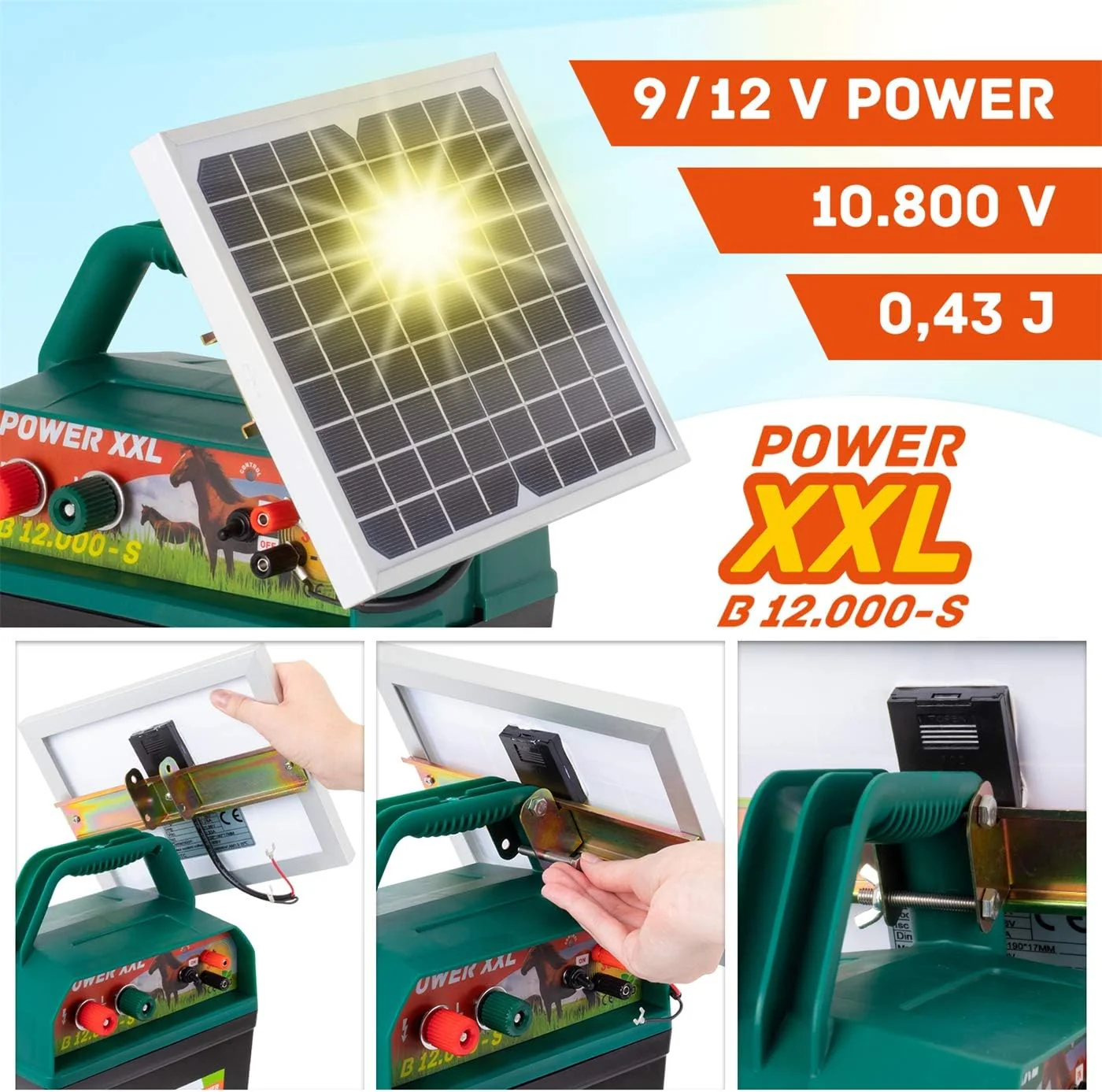 VOSS Power XXL B 12.000-S, 10.800V Elettrificatore Solare Potente 9V 12V, incl. Batteria da 55Ah e Cartello di Avvertimento, Modulo Solare ad Alta Efficienza, Per Cavalli, Pony, Cani, Gatti, Aironi, Bovini, Suini