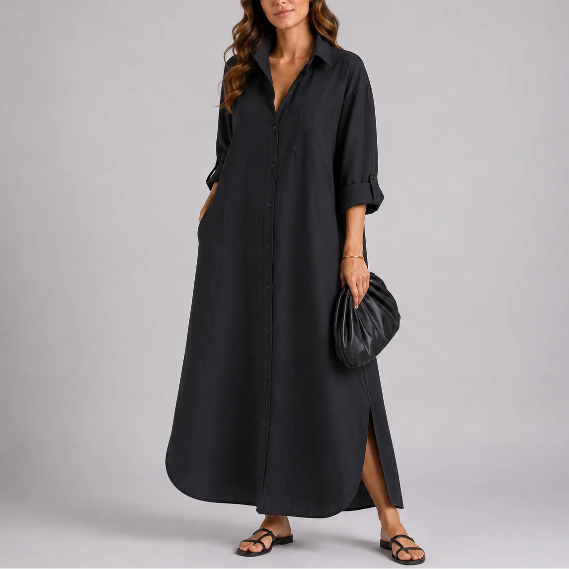 Womena??s Linen Maxi Shirt Dress Relaxed Fit Lightweight Style