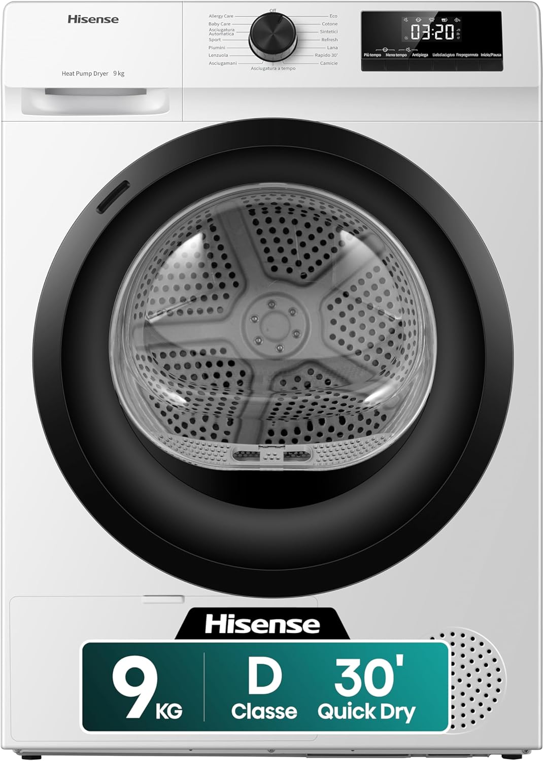 Hisense DHQE900UWDC Asciugatrice A Pompa Di Calore, 9 Kg, D, Bianco, Big Display, 15 programmi, Refresh