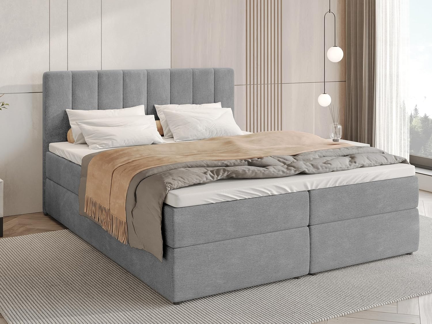 BROMARKT Boxspringbett mit Bonell Matratze Härtegrad H3 140x200cm Polsterbett mit Bettkasten Doppelbett mit Topper gepolsterte Kopfstütze Bett für Schlafzimmer Denver Hellgrau