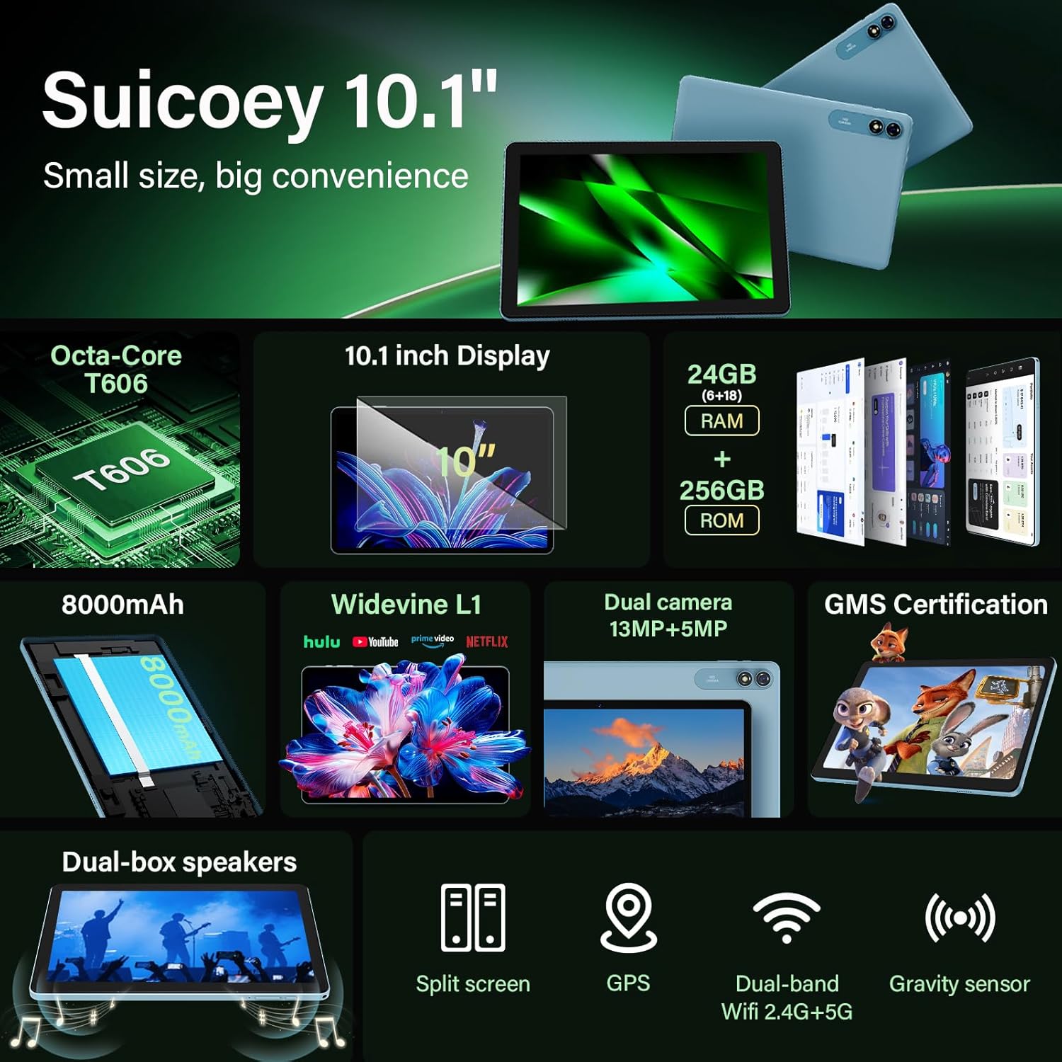 Android Tablet with Keyboard, 2026 Upgraded Android 16 tablet with 24GB+256GB+2TB Expand, 10 inch Tablet PC with 8-Core, Gemini AI, WiFi, 8000mAh, GPS, 2-in-1 Tablet with Case/Mouse/Stylus(Black Case)