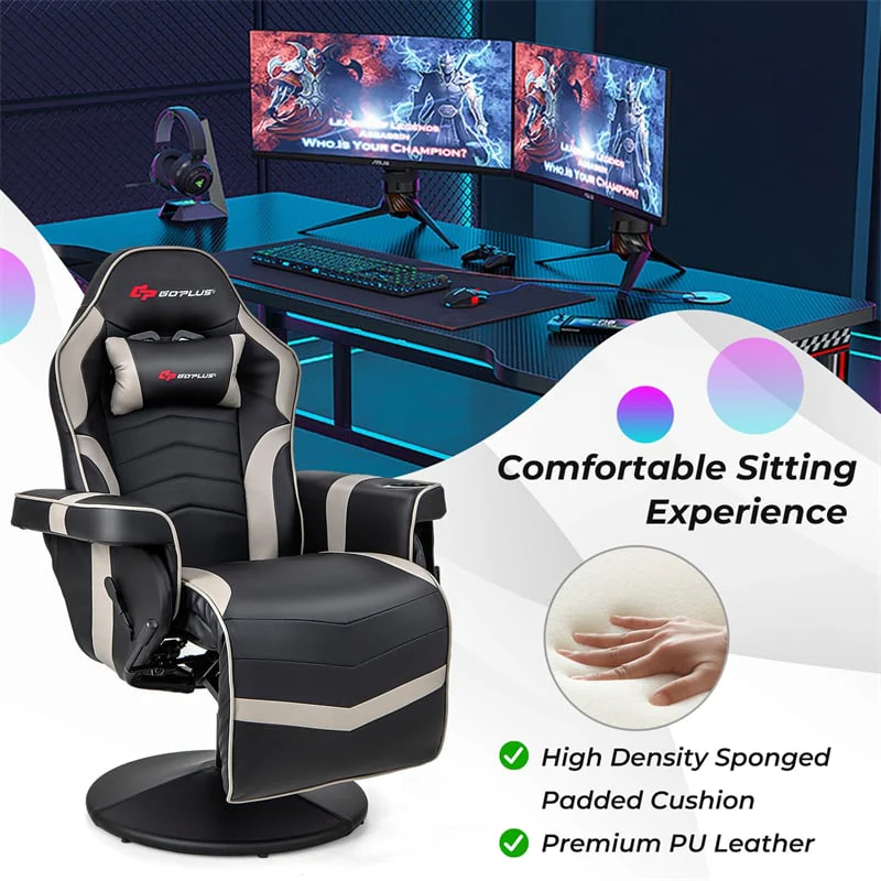 Ergonomic Gaming Recliner Chair with Massage, Retractable Footrest & Cup Holder, Height Adjustable Racing Style Swivel Video Game Chair