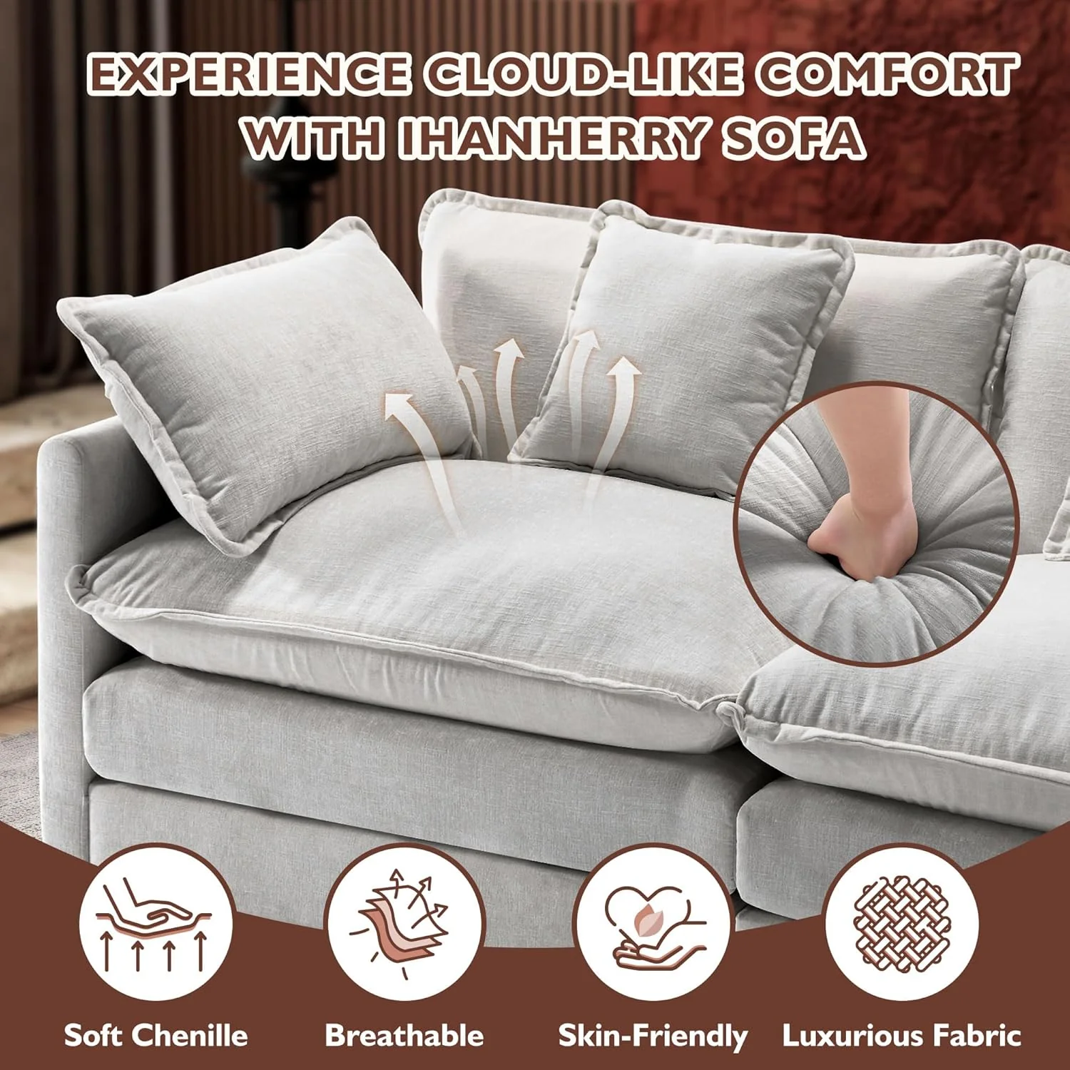 111.4 Inch L-Shaped Modern Sofa Modular Cloud Sofa Ottoman 4-Seater Chenille Deep Seat Sofa