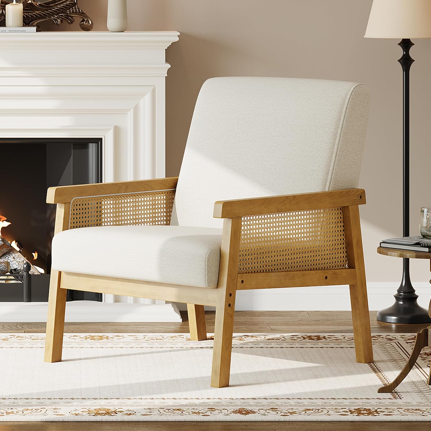 IDEALHOUSE Rattan Accent Chair, Linen Armchair, Upholstered Reading Chair with Wooden Frame and High Back, Leisure Chairs for Living Room Bedroom Waiting Room Reception, Beige