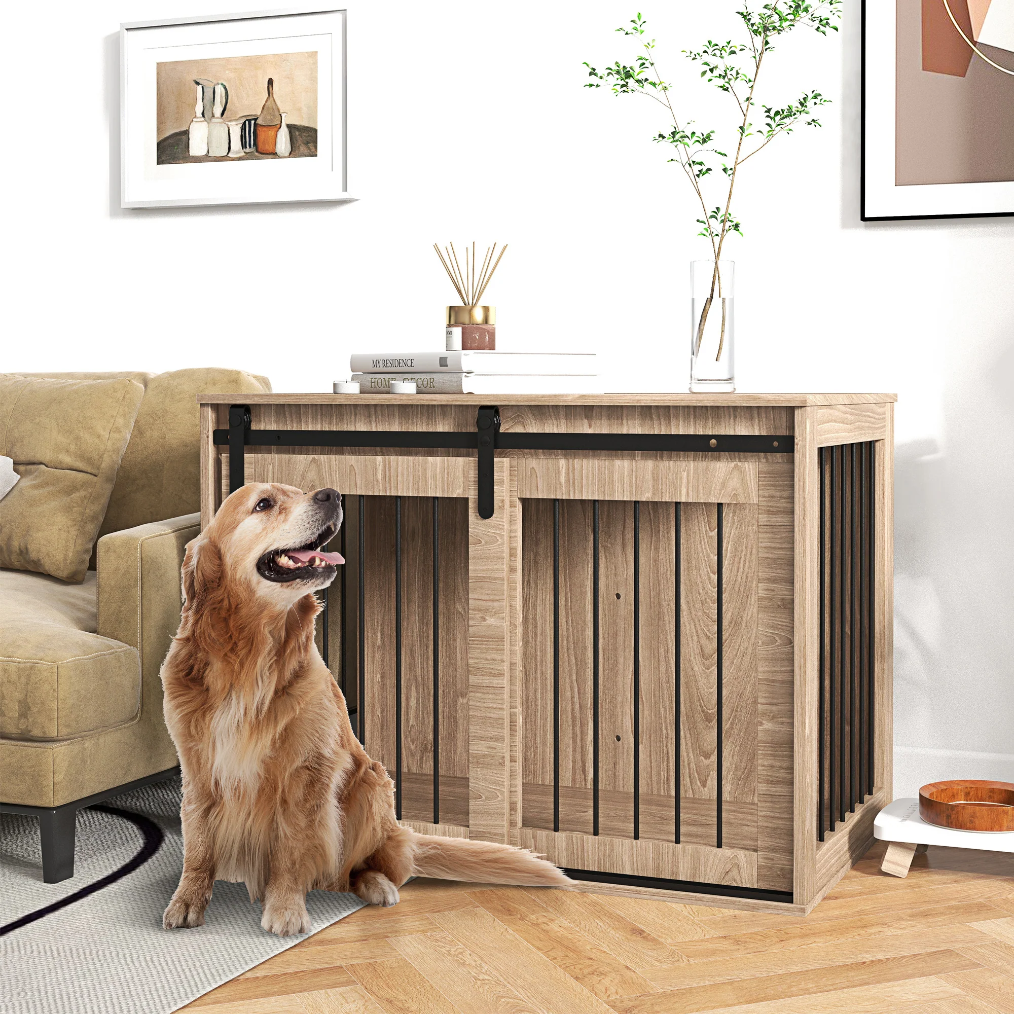 PawHut Hondenbench Hondenkooi, Afsluitbaar, Houtlook, Rustiek Ontwerp, 98 cm x 58 cm x 67 cm, Walnoot + Zwart