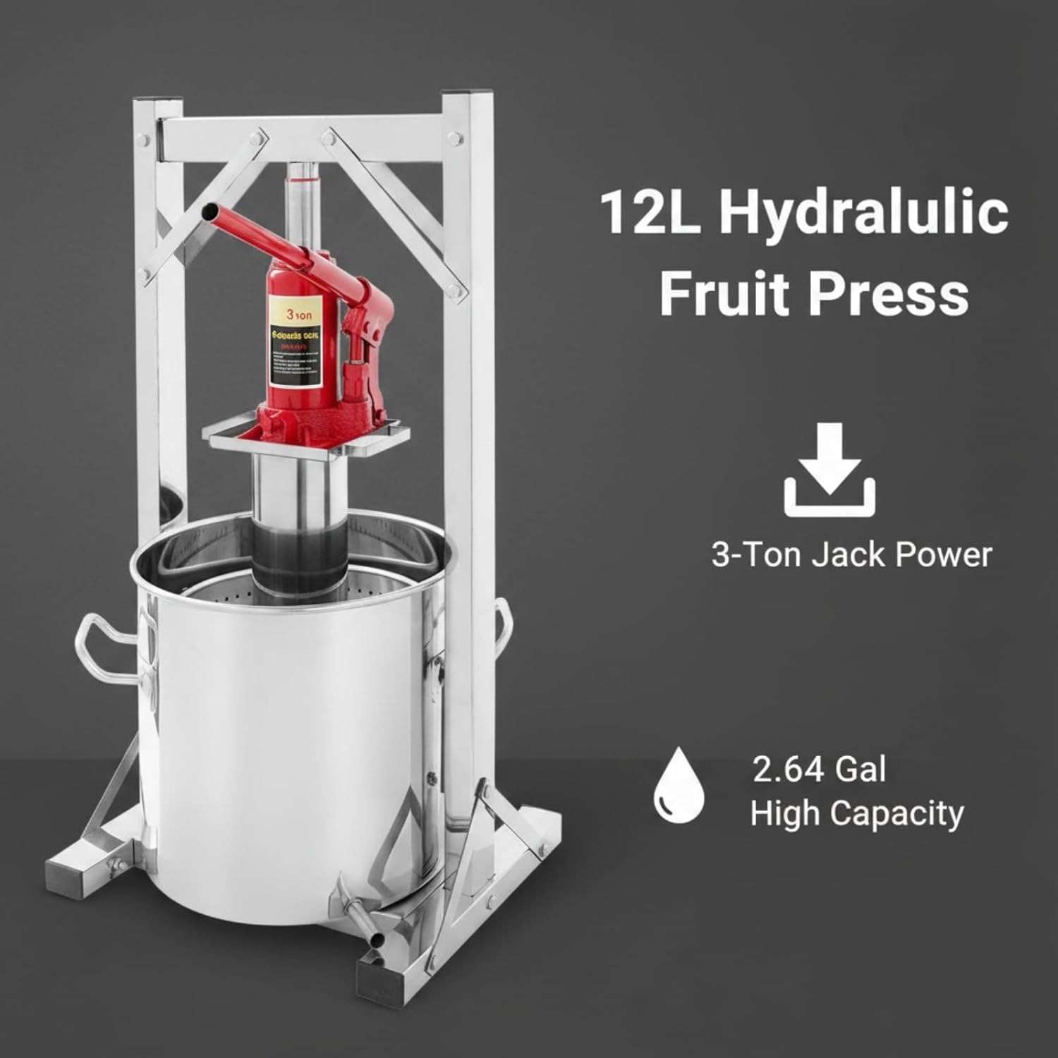 12L Hydraulische Obstpresse, 304 Edelstahl Fruchtpresse mit 3T Hydraulikheber, Manueller Entsafter, Innenfilter-Eimer, Weinpresse, Apfelweinpresse, Ideal für Wein, Most & Fruchtsäfte