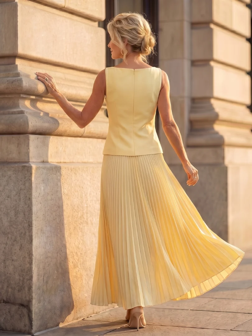 Women��s Two-Piece Set Structured Bodice with Pleated Full-Length Skirt