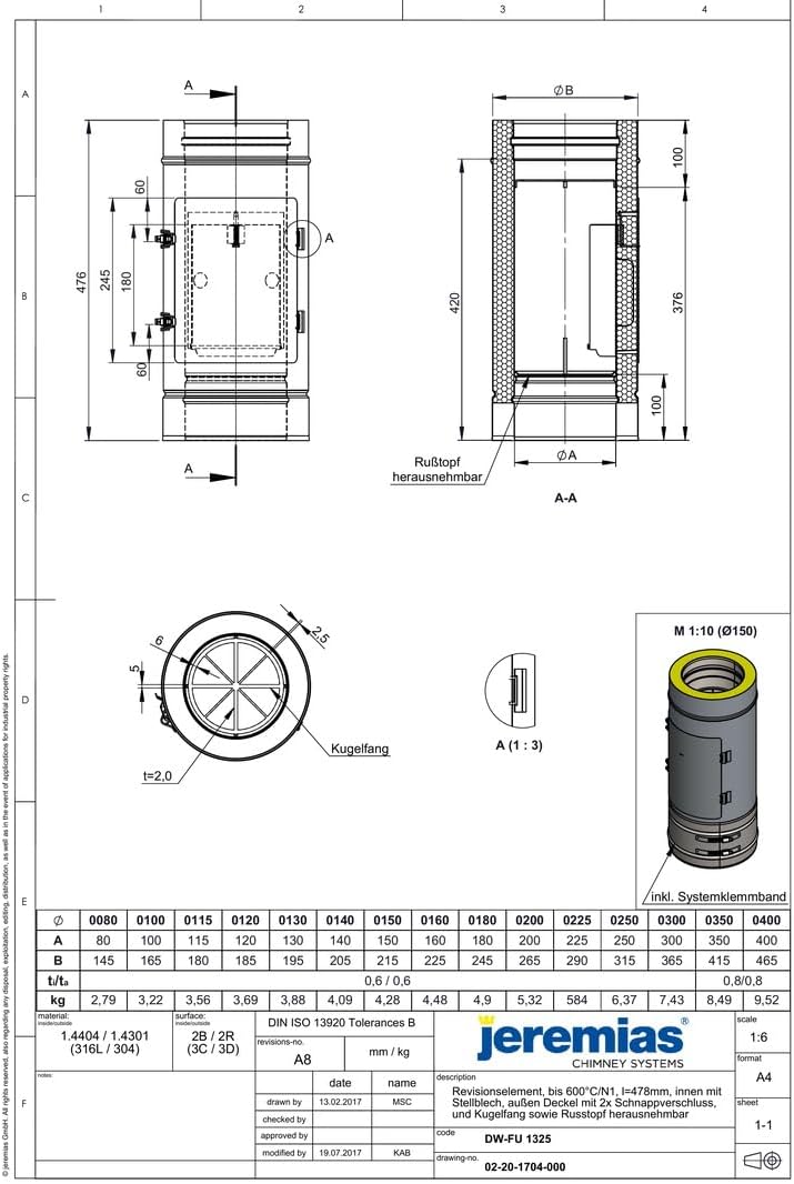 Jeremias DW-FU Ø 130 mm Revisionselement Design Plus mit Kugelfang und herausnehmbarem Rußtopf für Abgastemperaturen bis 600°C N1