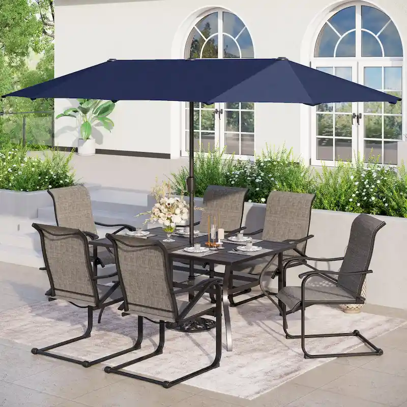 7/8-Piece Patio Dining Set including 60x38 Slatted Metal Table with 1.56 Umbrella Hole and 6 Spring Motion Chairs