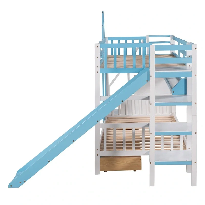 Twin-Over-Twin Castle Style Bunk Bed with Drawers,Shelves,Slide