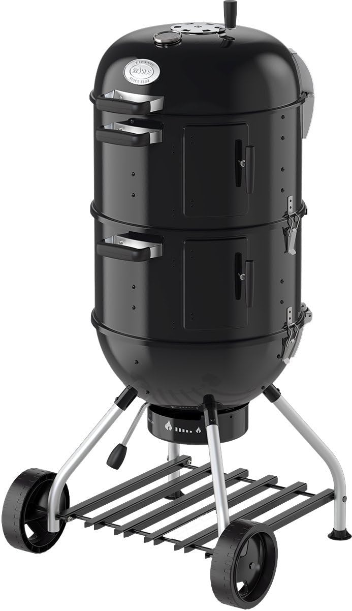 RÖSLE Smoker No.1 F50-S, griglia a carbone variabile con due anelli per affumicatura, mini griglia a bollitore, 2 x Ø 50 cm, acciaio nero, contenitore dell'acqua integrato, termometro sul coperchio