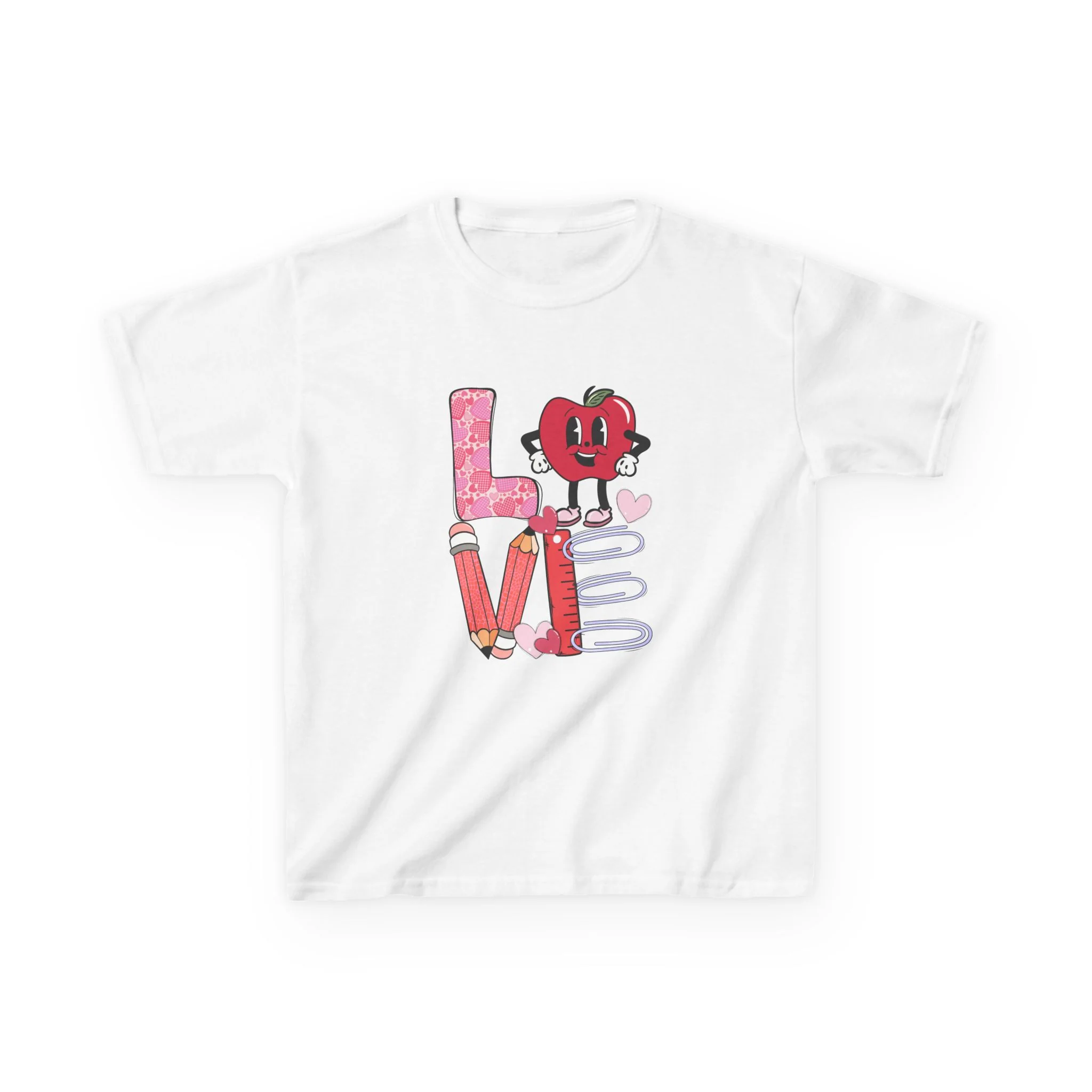 Love School Supplies Kids Tee | Heart Apple, Pencils & Notebook