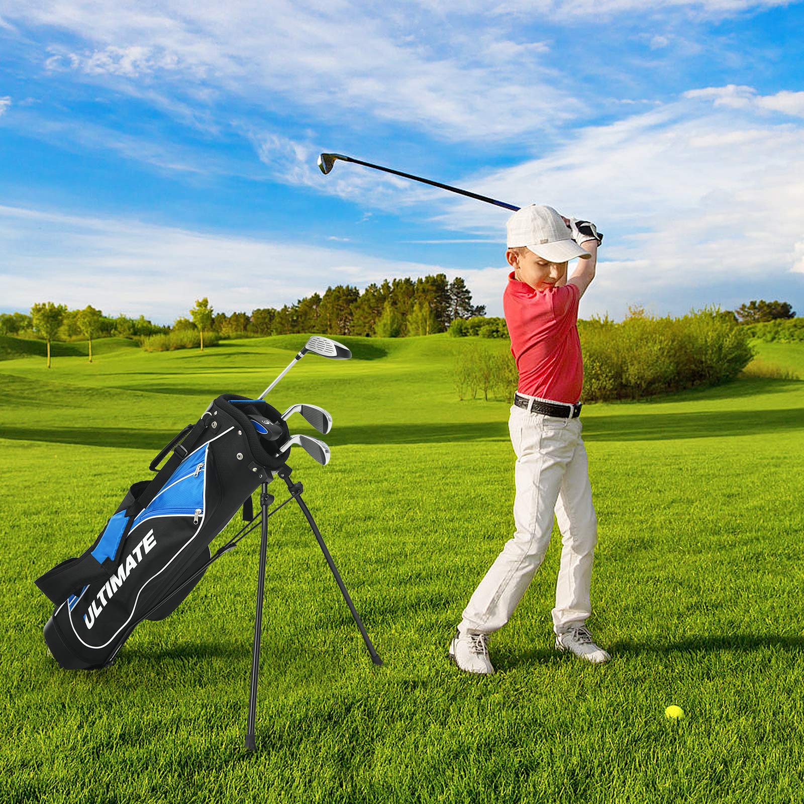Komplett junior golfütő szett 8-13 éves korig, a készlet tartalma: 3-as Fairway Wood, 7-es és 9-es vasütő, Putter