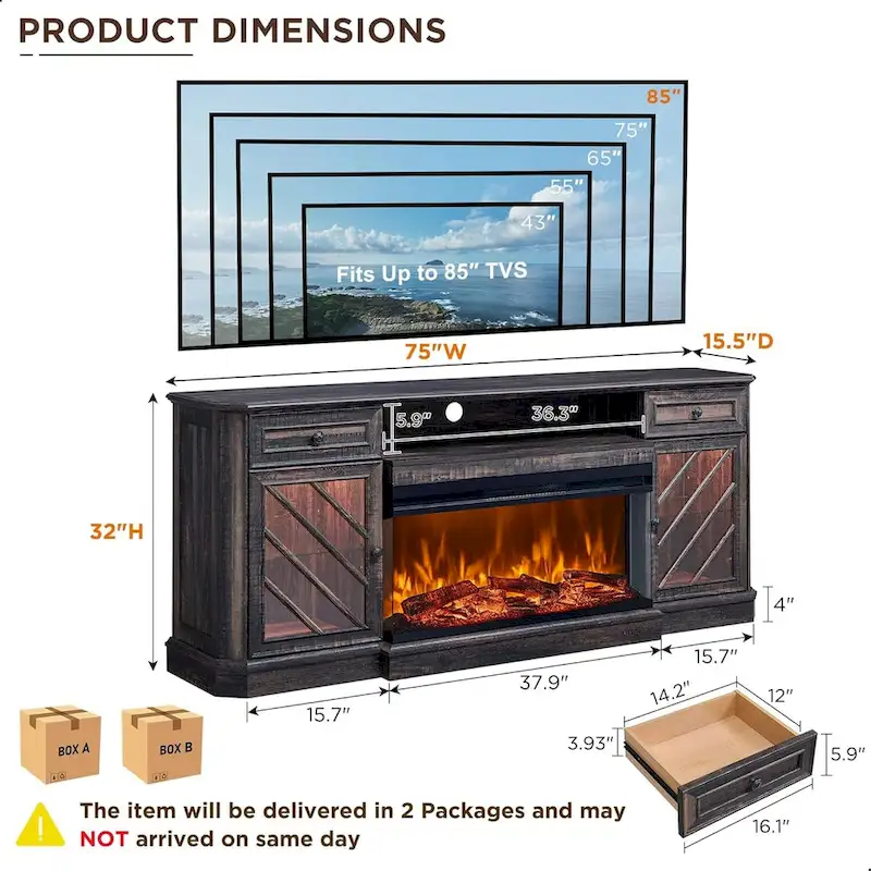 Farmhouse TV Stand with 3-Sided Fireplace, Entertainment Center
