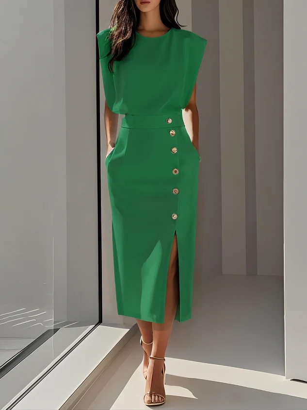 Women��s Midi Dress Sleeveless Button Front Elegant Style