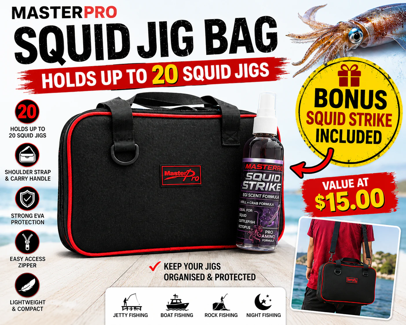 MASTERPRO Squid Jig Storage Bag �?Holds 20 Egi Jigs + BONUS Squid Scent