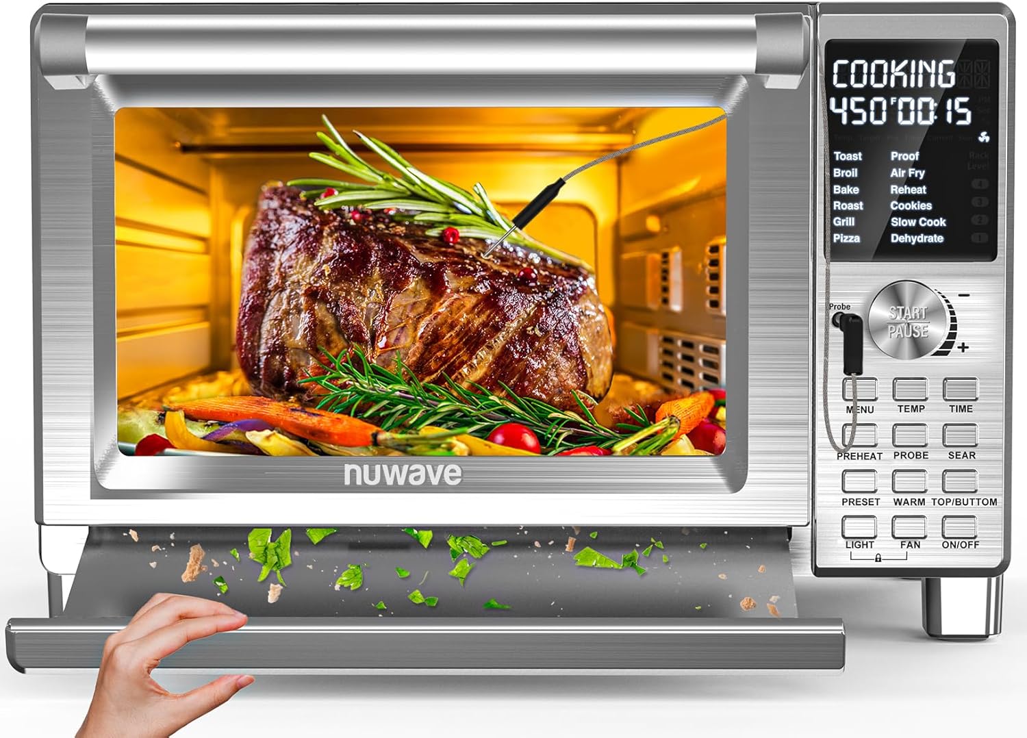 Nuwave Bravo XL Pro Air Fryer Toaster Oven, Improved 100% Super Convection, Quicker & Crispier Results, 100 Presets, Multi-Layer Even Cooking, 50-500F, Smart Probe, PFAS Free, 30QT, Stainless Steel